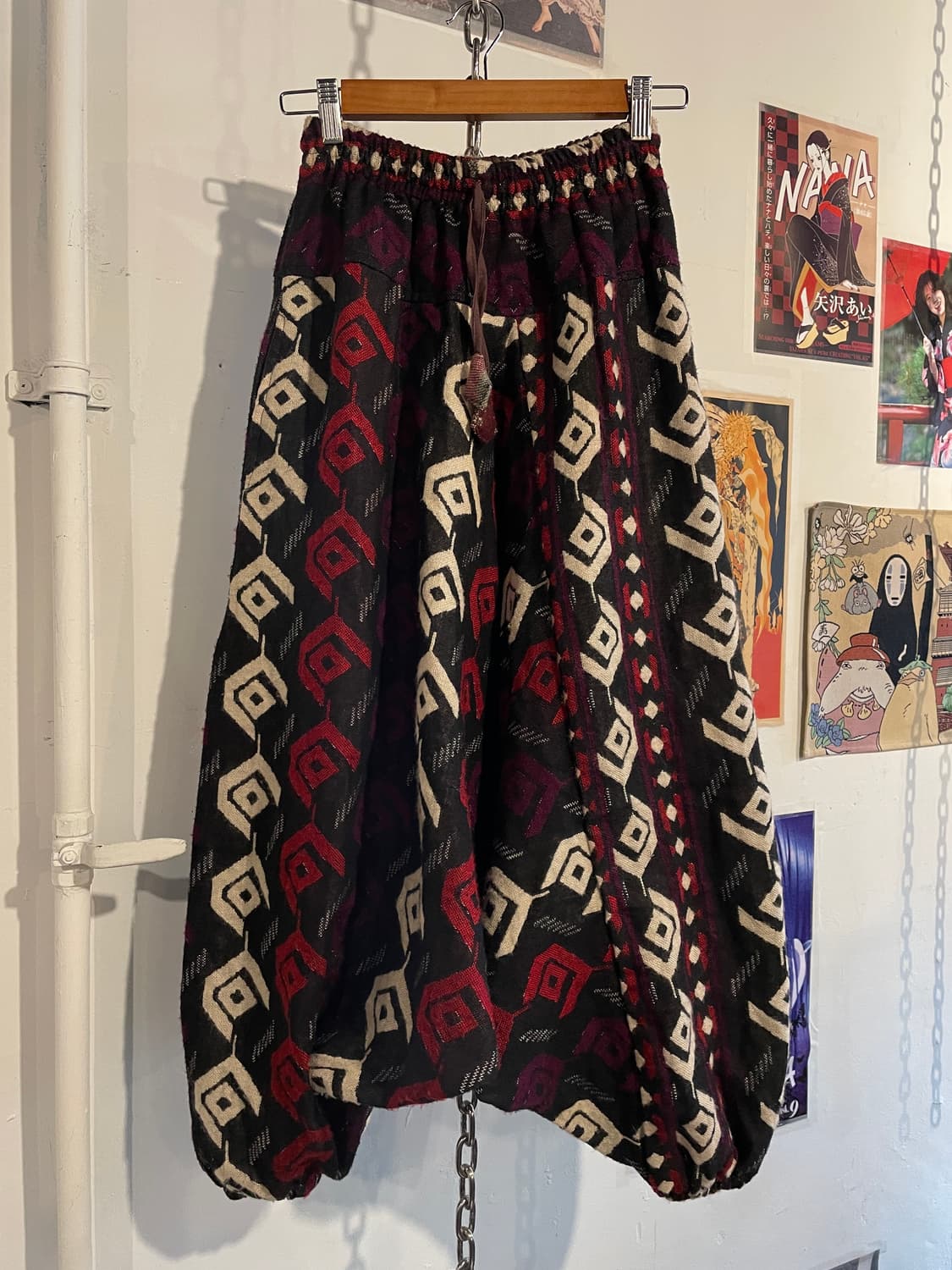 이카트 스타일 트라이벌 패턴 블랙 울 사루엘 팬츠 오리엔탈 히피 상품이미지1