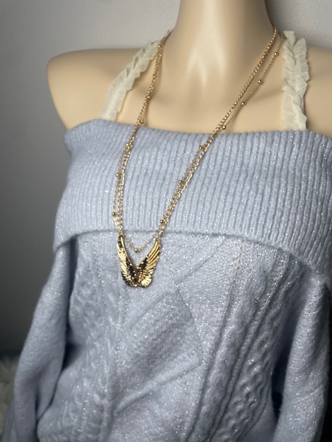 빈티지 하늘색 글리터 오프숄더 꽈배기 니트 상품이미지3