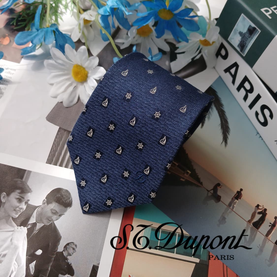 에스.티. 듀퐁 실크 블루 요트 자수 넥타이 8cm A등급 E932 상품이미지1