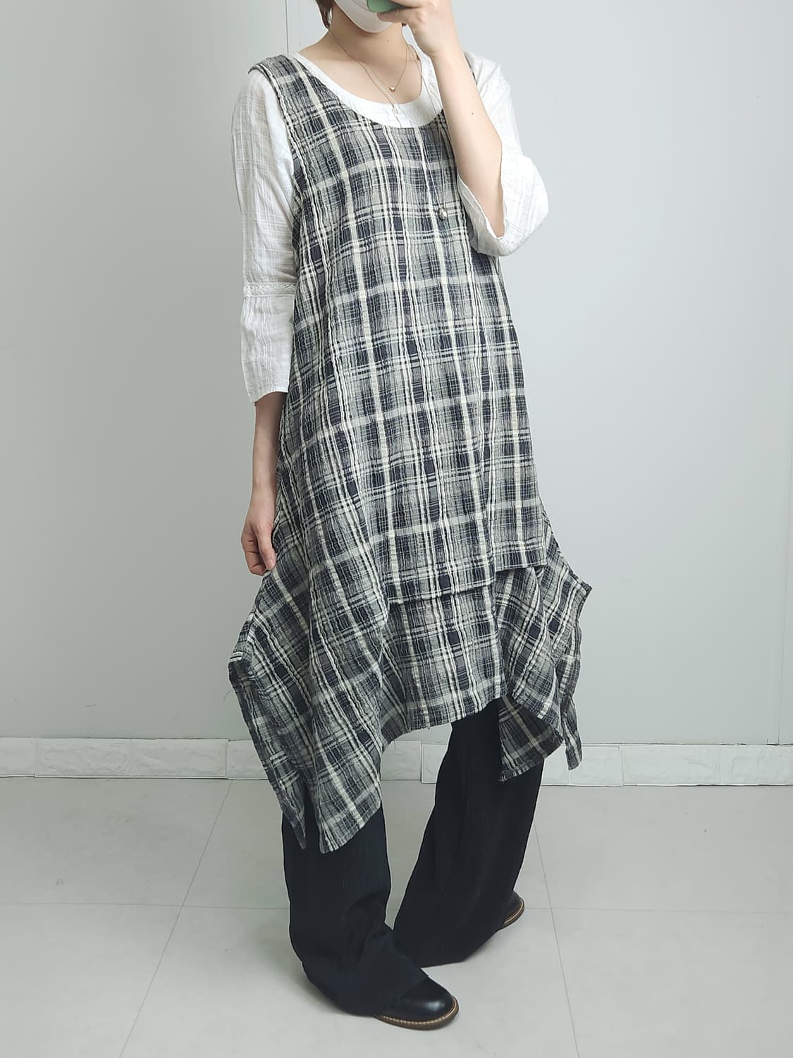 체크 언발 롱 블라우스 상품이미지2