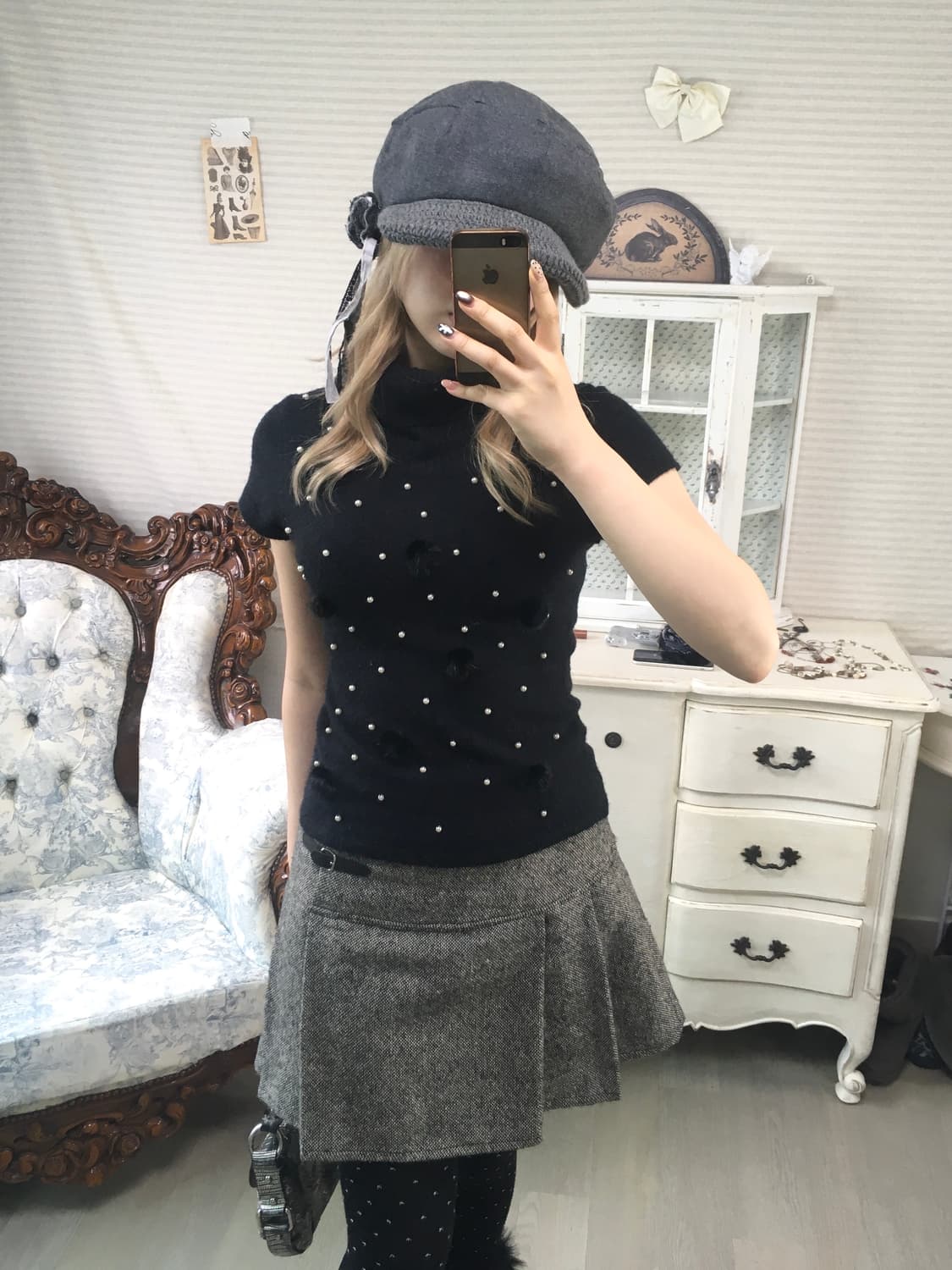 jpn vintage black wool pearl half knit 상품이미지2