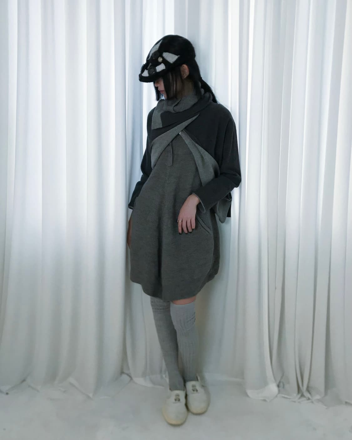 Grey wrap diagonal multi-collar wool top 상품이미지6