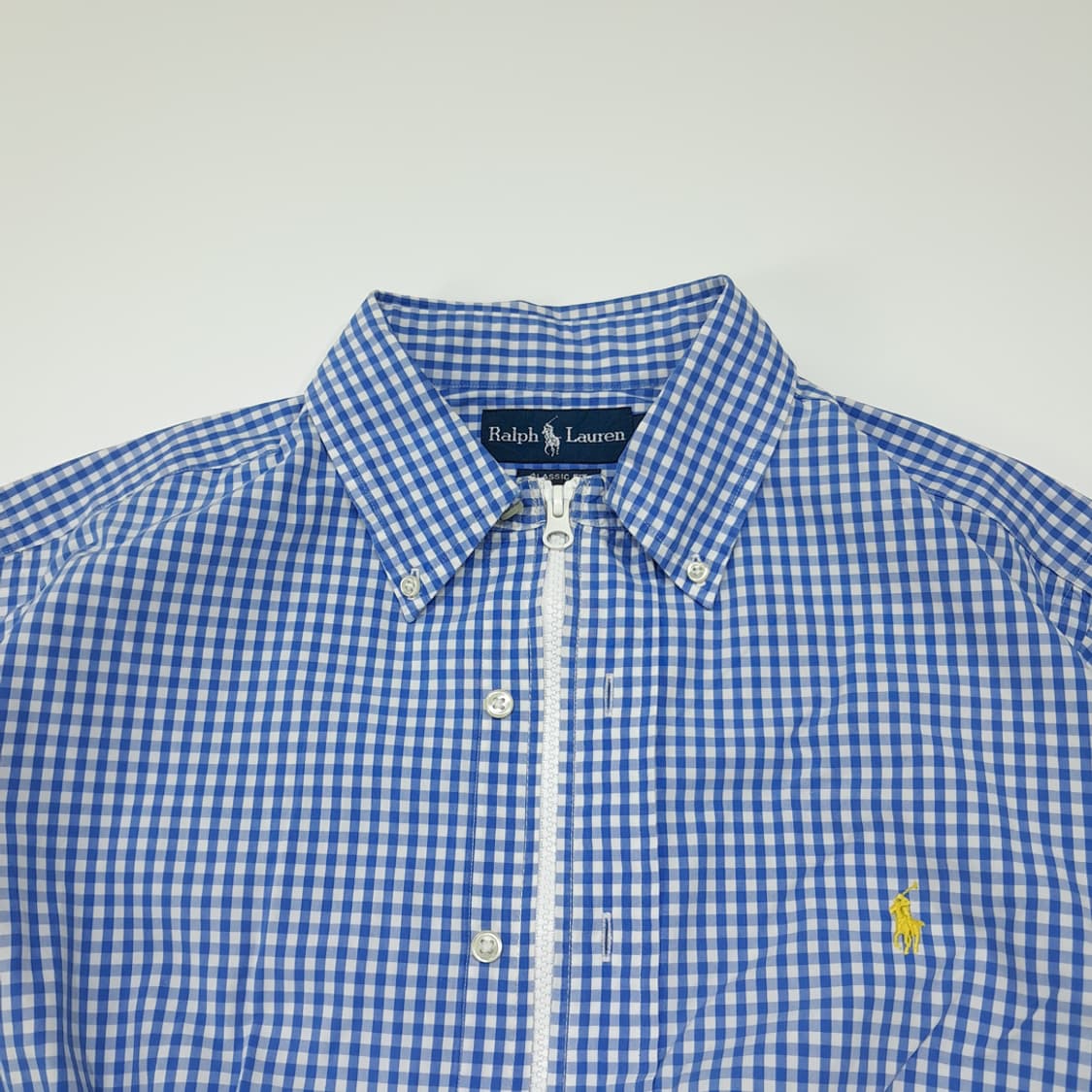 CL790 FREE 폴로 스몰 깅엄체크 블루 리메이크 크롭 집업 셔츠 상품이미지2