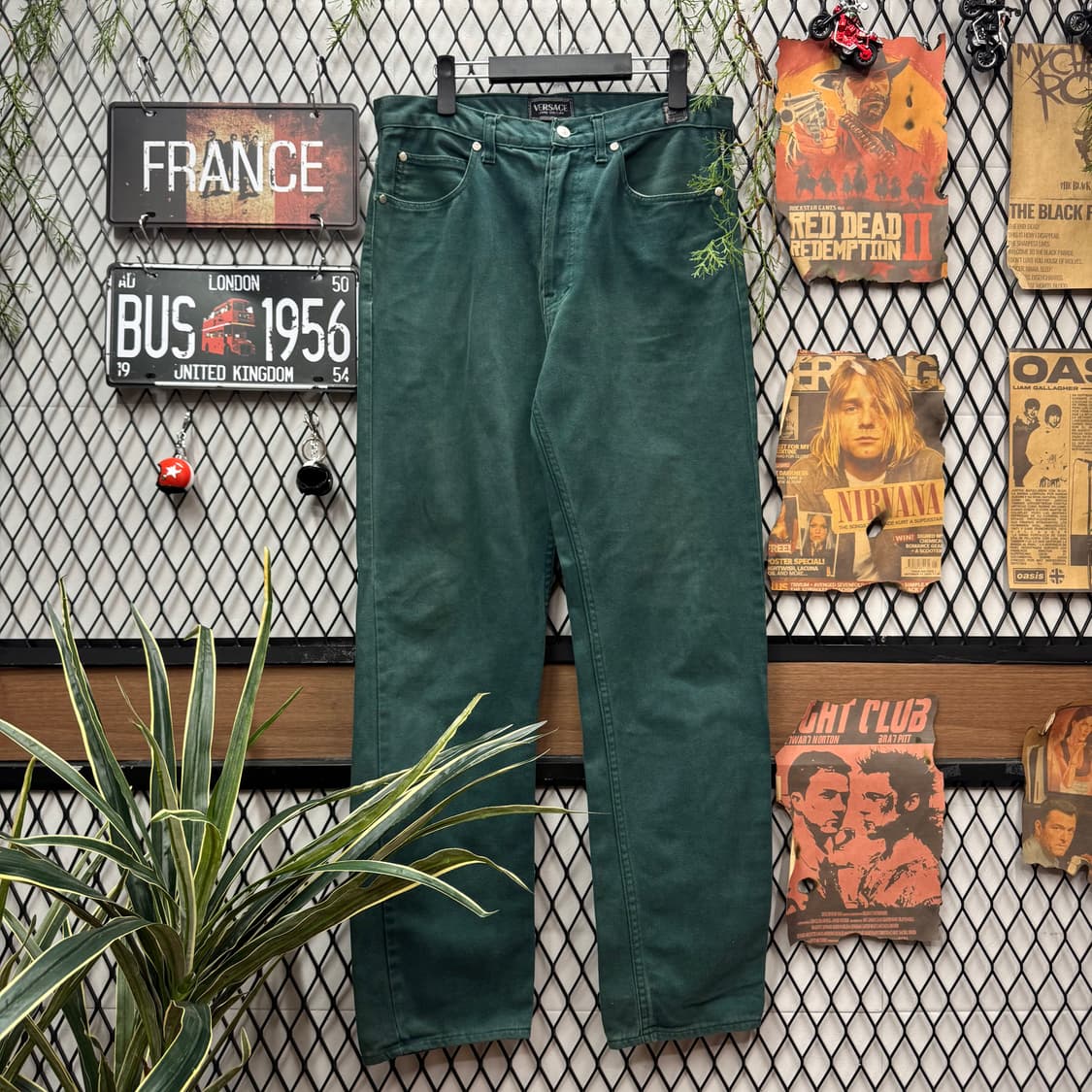 90s 베르사체 진스 꾸뛰르 코튼 팬츠 후면 로고탭 포인트 그린 상품이미지1