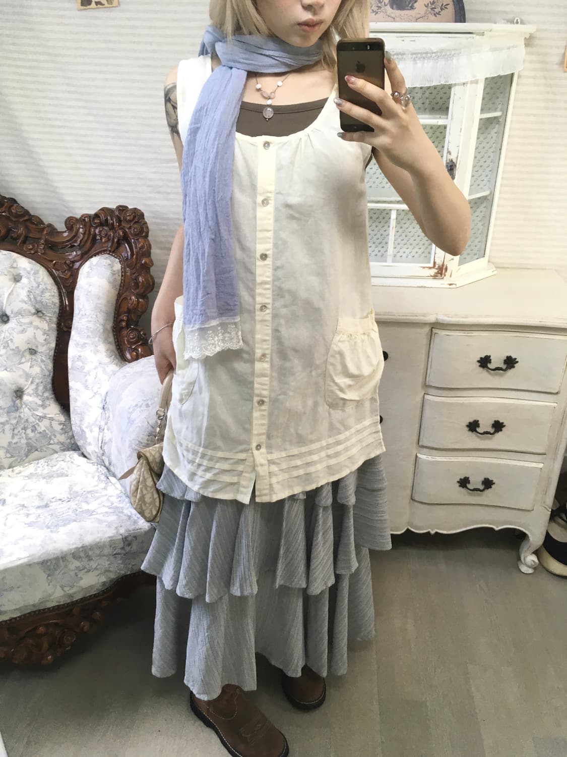 일본빈티지 아이보리 모리 만두 포켓 원피스 상품이미지3