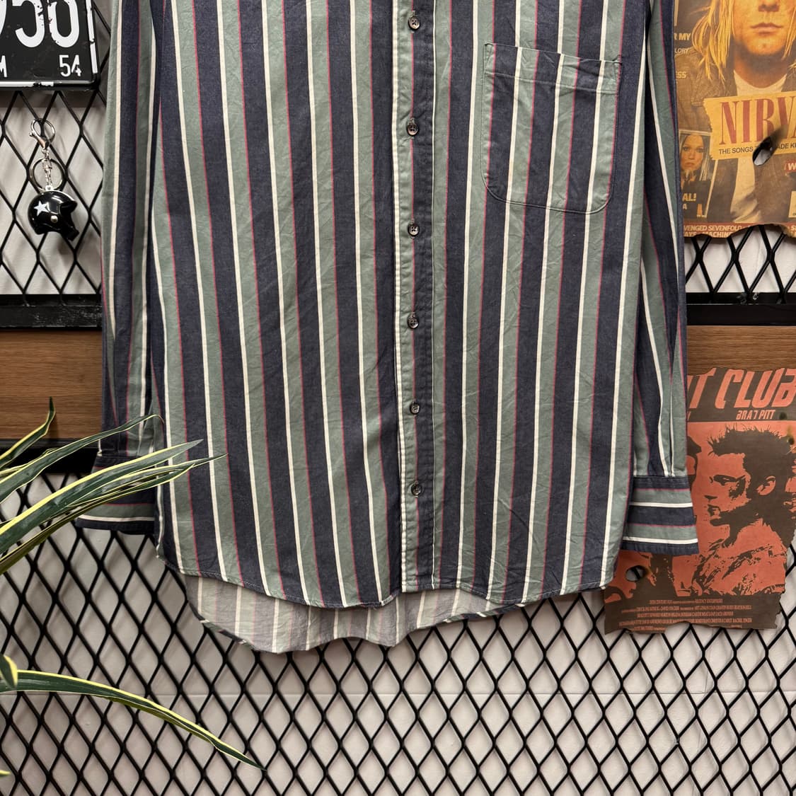 90s 버버리 스트라이프 긴팔 셔츠 전면 원포켓 포인트 네이비 상품이미지4