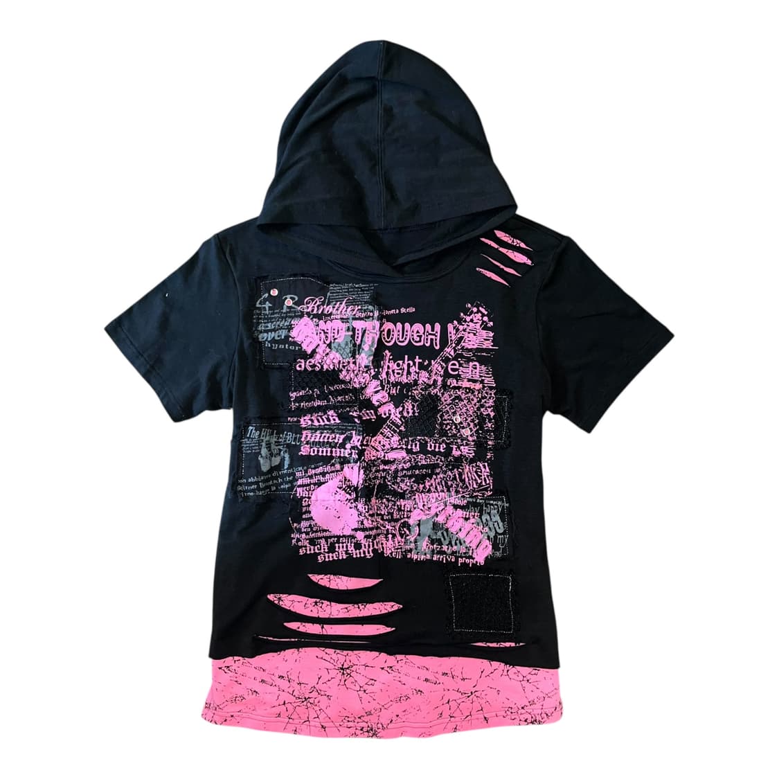 BODY LINE 바디라인 그런지 프린팅 레이어드 반팔 후드티 펑크y2k 상품이미지1