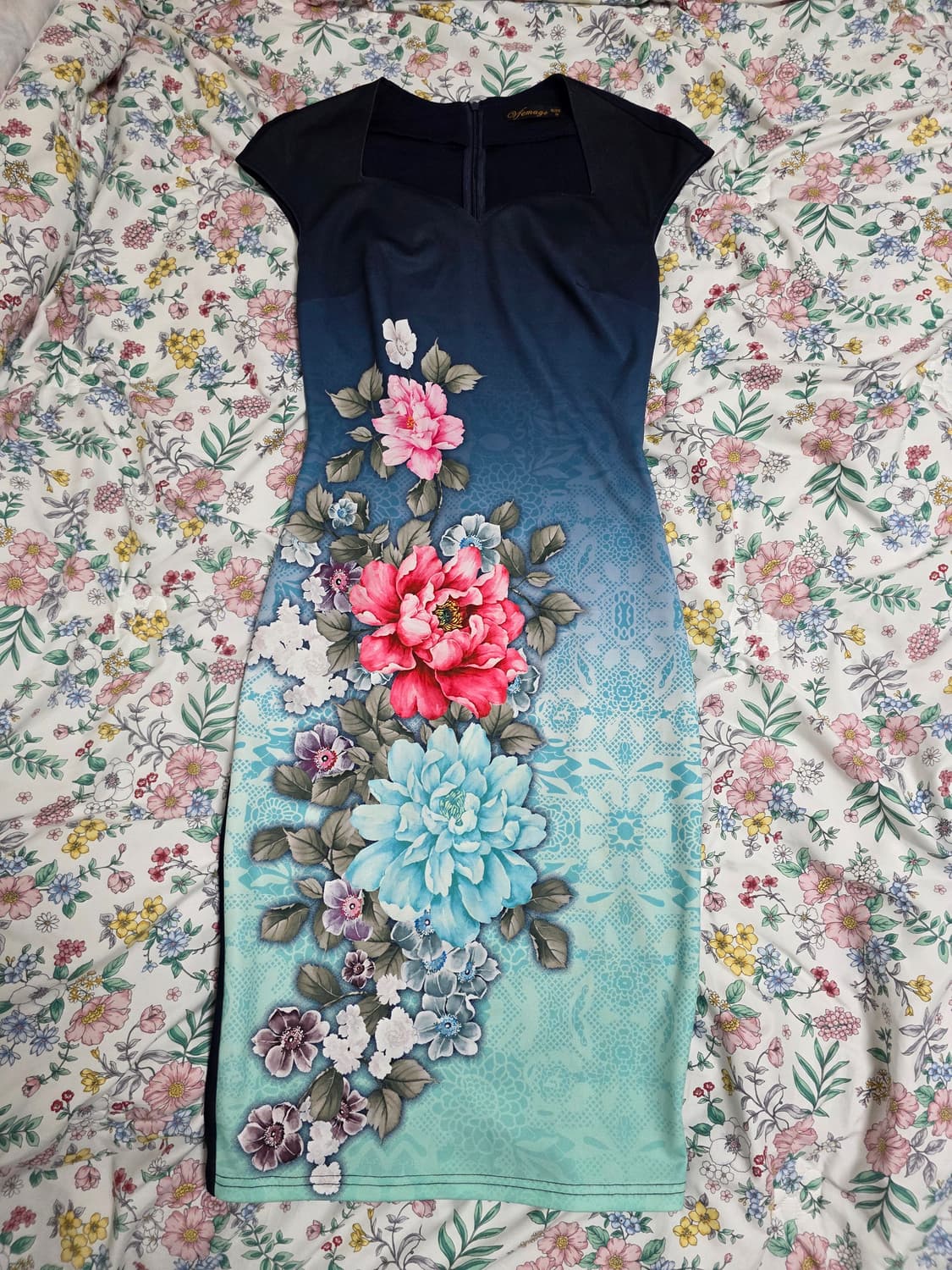 빈티지)플로럴 오리엔탈 에스닉 치파오st 칵테일 딱붙슬림핏 롱원피스 상품이미지2