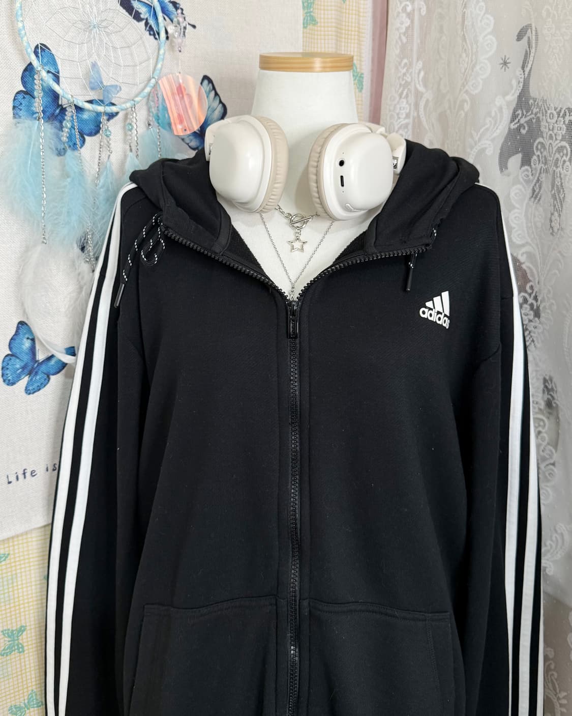 아디다스 블랙 오버핏 후드 집업 상품이미지5