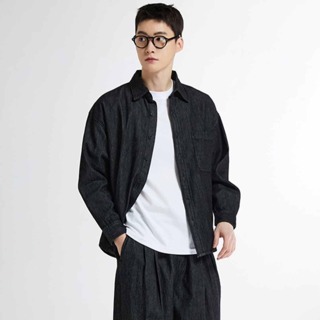 XL(약105)스파오 오버핏 데님 셔츠 긴팔 남방 블랙 데님 흑청 상품이미지1