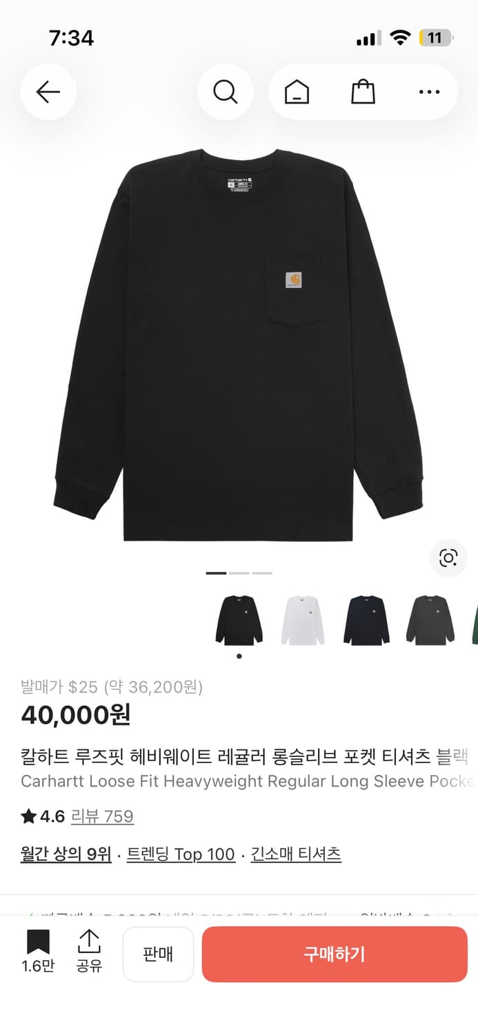 칼하트 루즈핏 헤비웨이트 레귤러 롱슬리브 포켓 L 상품이미지1