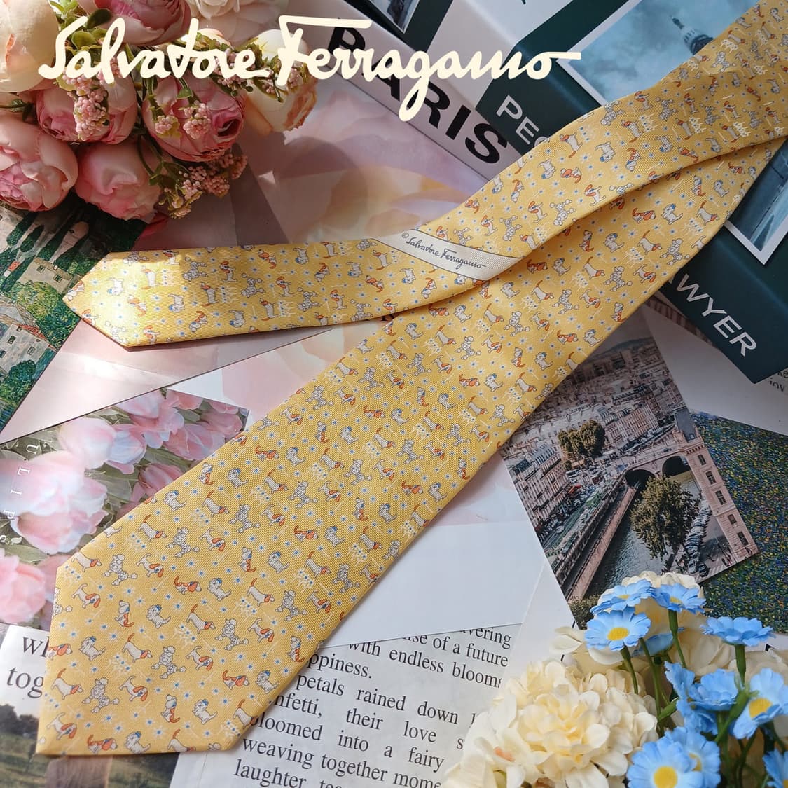 살바토레 페라가모 옐로우 강아지 모티브 넥타이 8.8cm A+등급 G23 상품이미지2