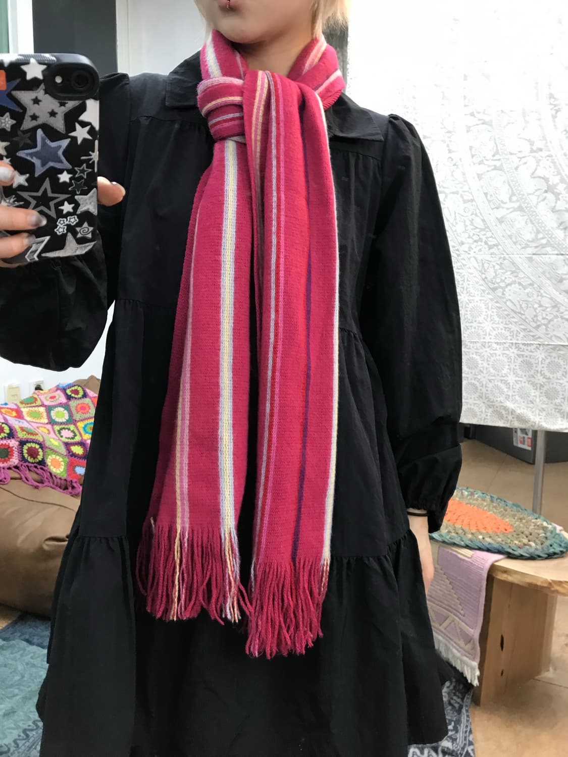 빈티지 핫핑크 스트라이프 머플러 목도리  상품이미지1