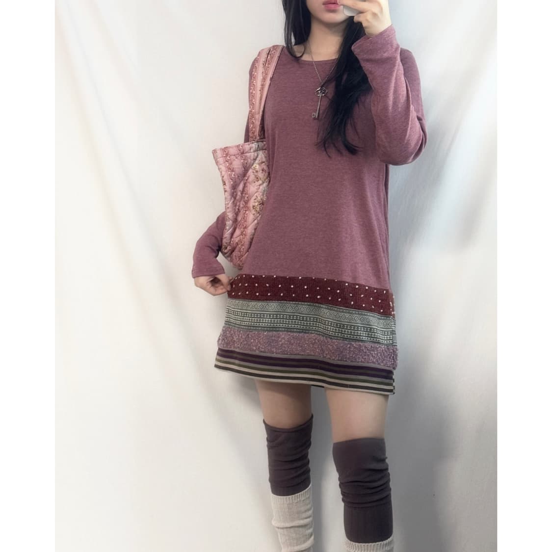 패치 워크 밑단 롱슬리브 원피스 상품이미지1