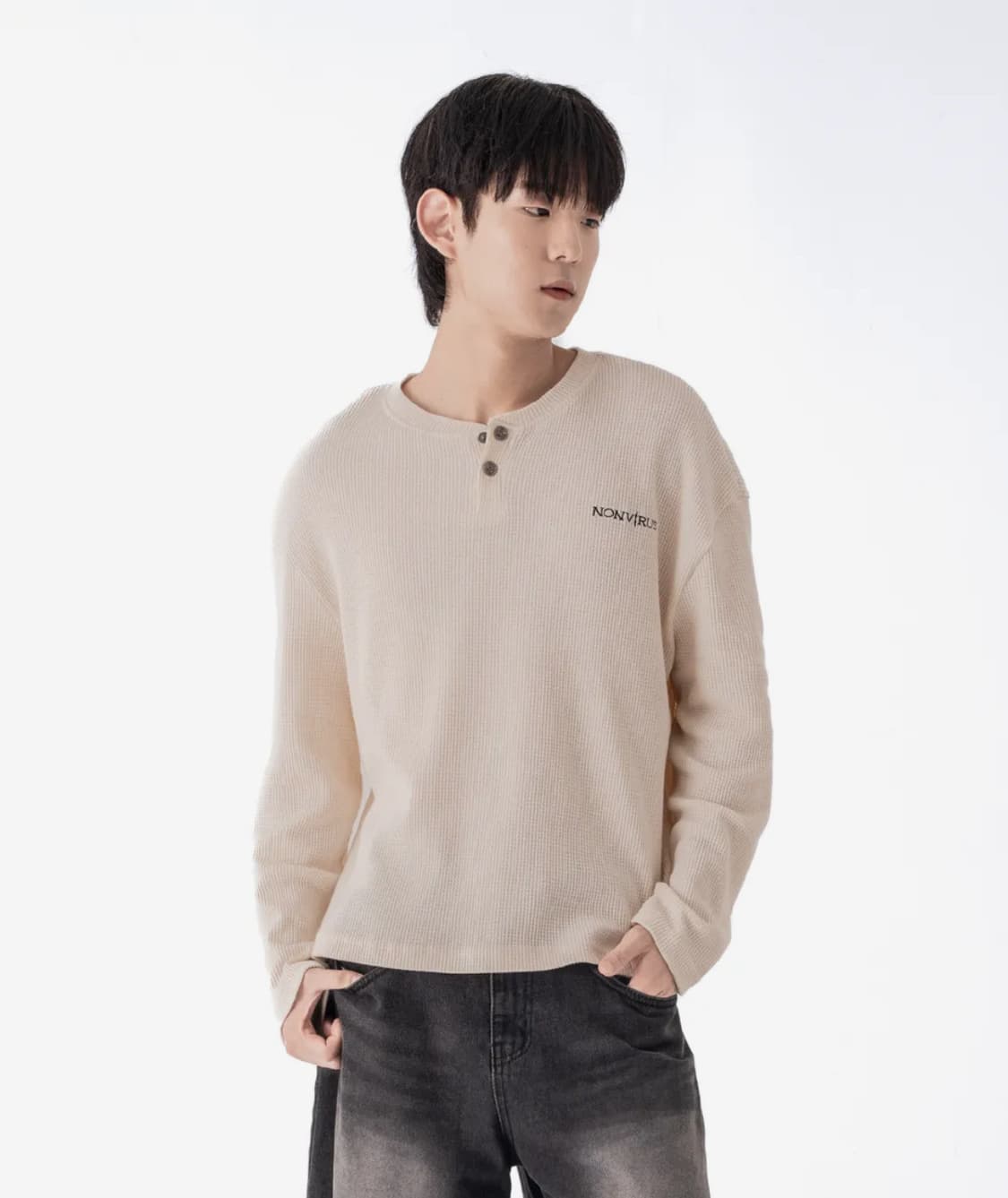 논바러스 백 라인 헨리넥 롱슬리브 아이보리 니트 상품이미지1