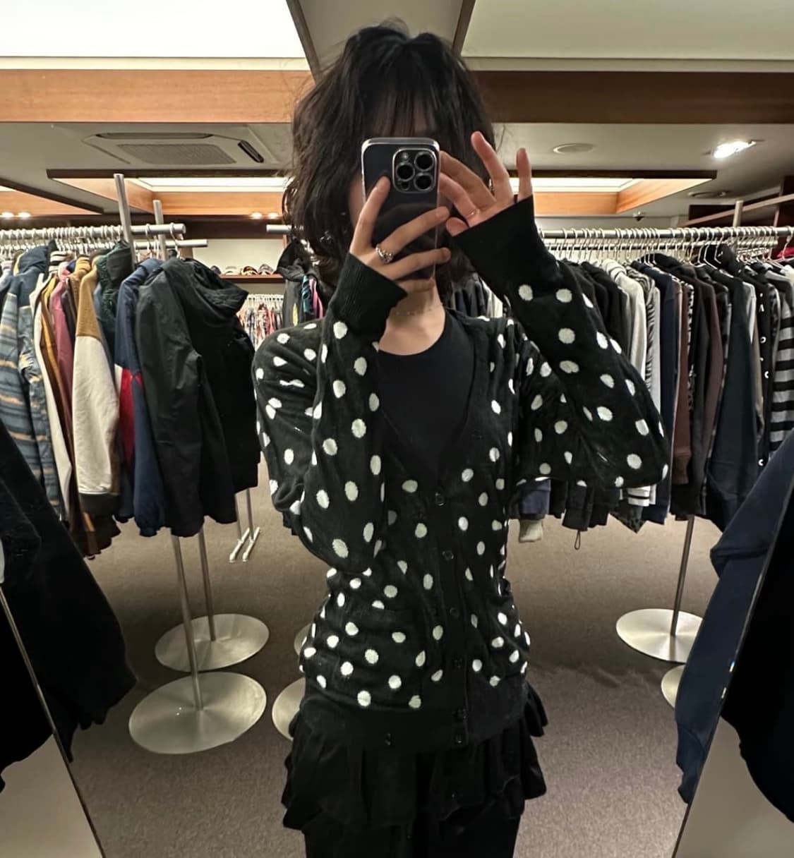 L)BROWNY 빈티지 여성 블랙 도트 브이넥 니트 가디건 상품이미지1