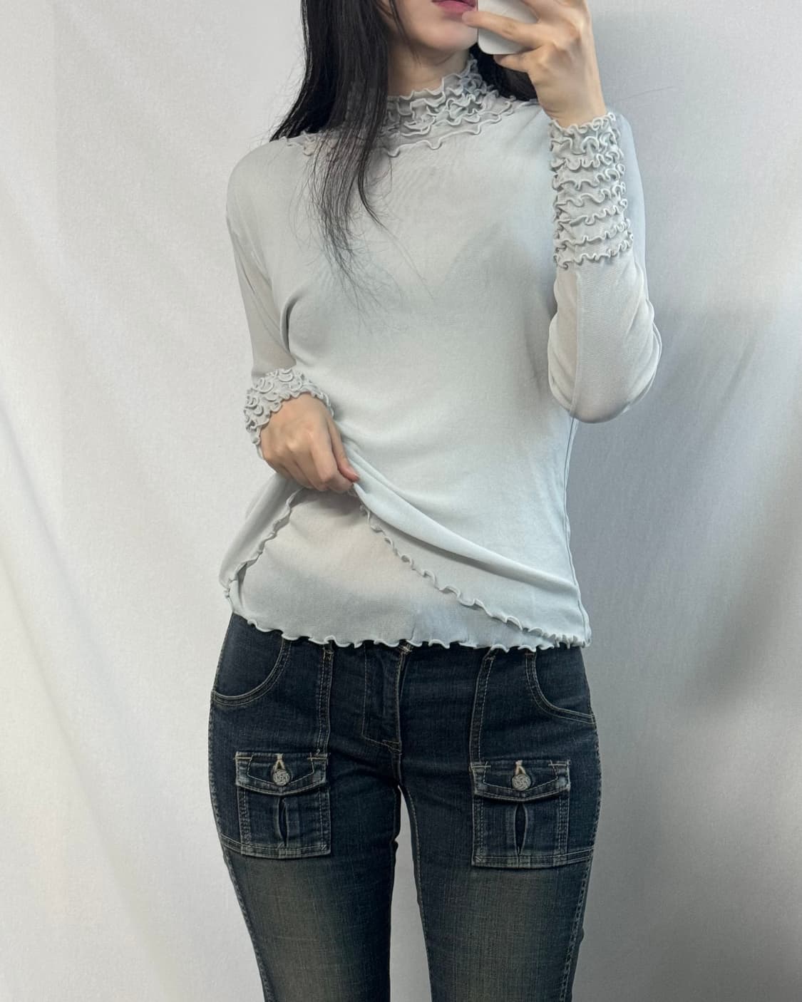 프릴 메쉬 폴라 넥 블라우스 상품이미지4