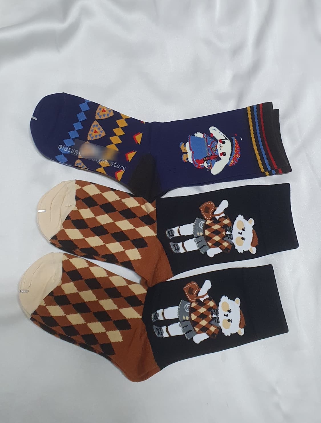 네이비 브라운 고양이 체크 양말 상품이미지5