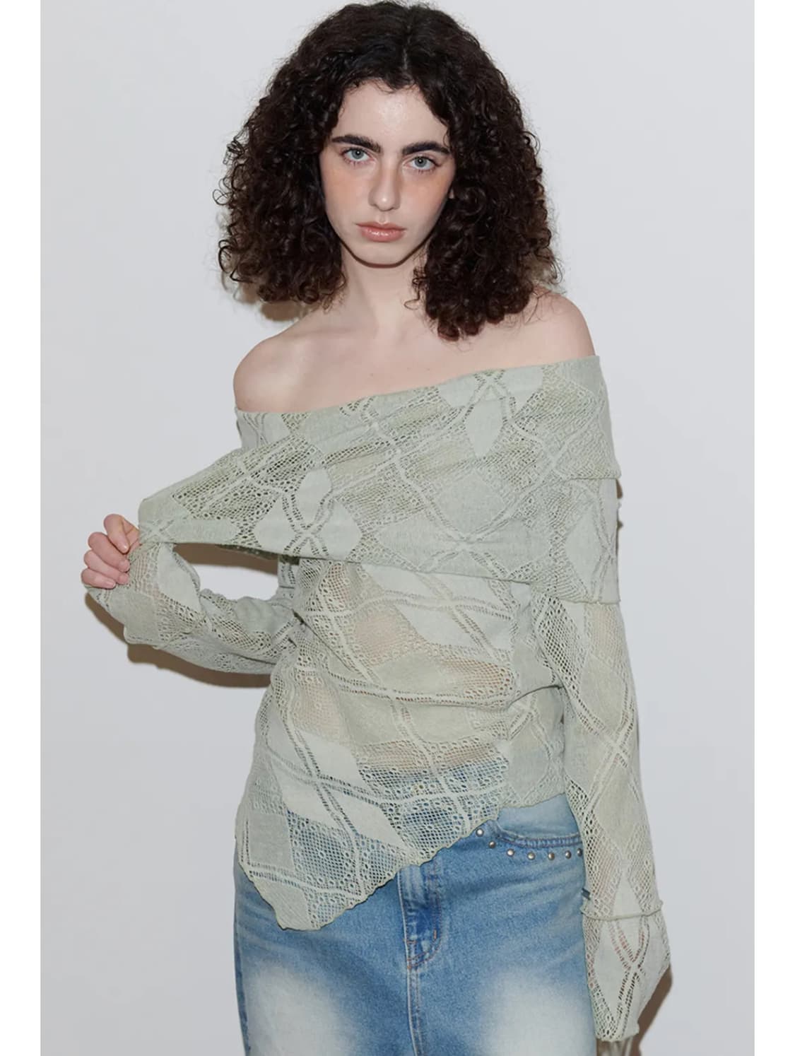 폴리수엠 ARGYLE LACE OFF-SHOULDER SWEATER (M 상품이미지2