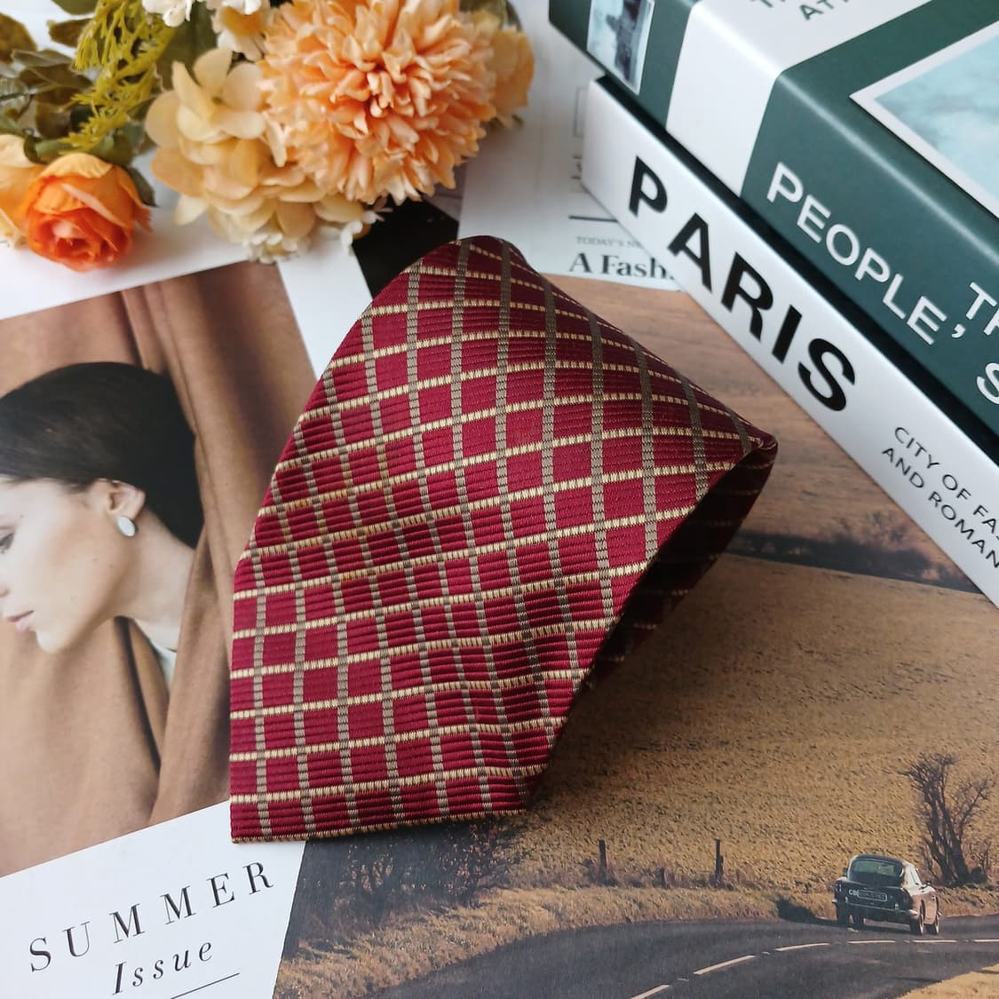 소니아 리키엘 실크 레드 체크 패턴 넥타이 9.5cm A+등급 E893 상품이미지4