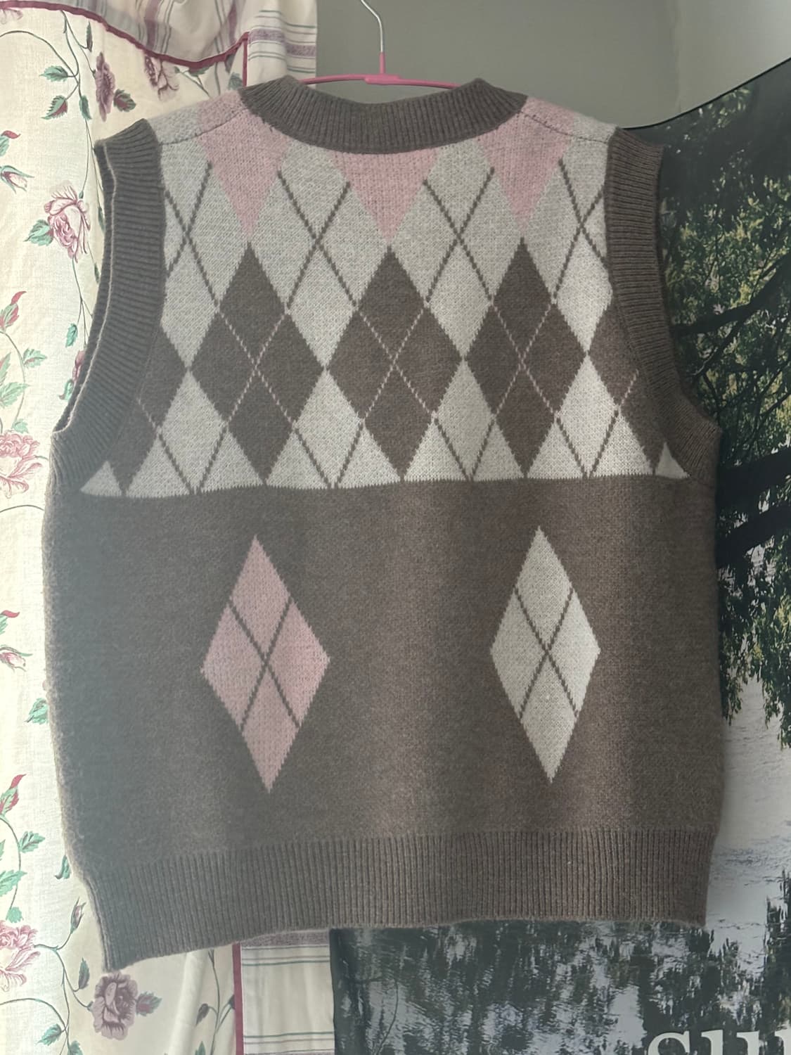 아가일 패턴 니트 베스트 레이어드 초코핑크 배색 모리걸 빈티지 상품이미지2