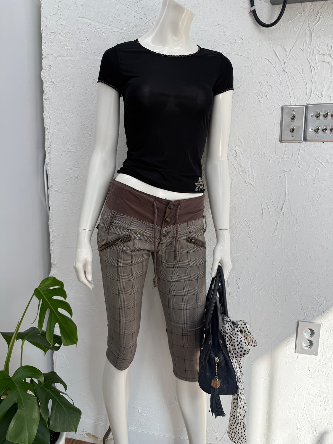 빈티지 MOUSSY 브라운 체크 로우라이즈 카프리 팬츠 상품이미지1