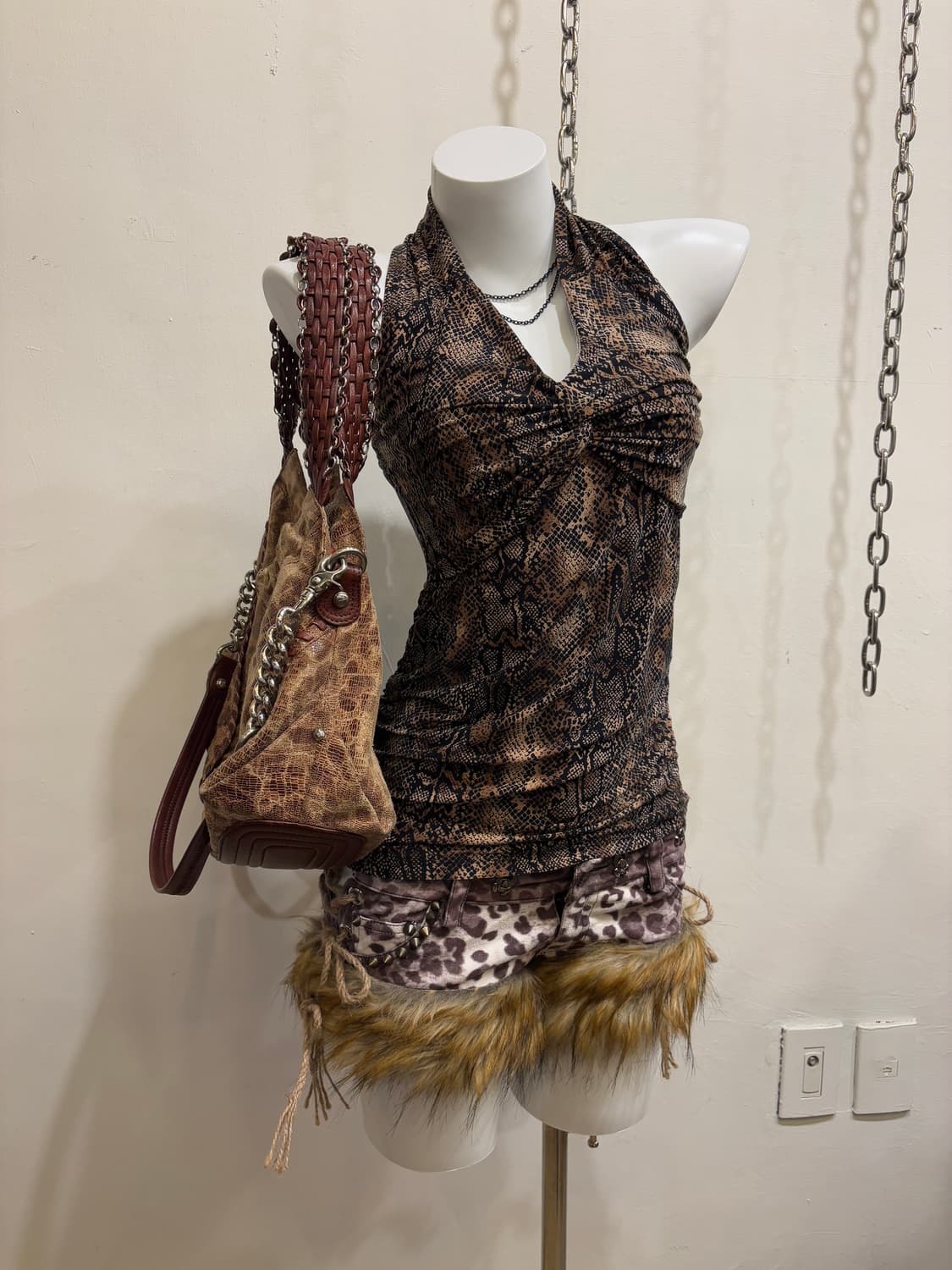 파이톤 패턴 셔링 브라운 블랙 슬리브리스 갸루 y2k 펑크 상품이미지1