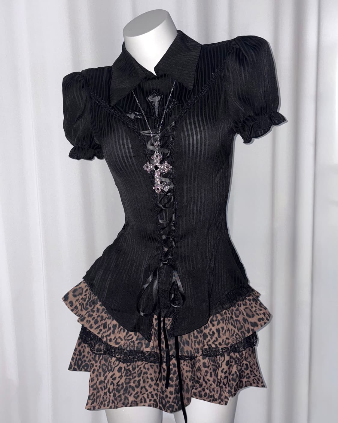 고딕 펑크 쿠로 갸루 프린세스 십자가 레이스 프릴 코르셋 셔츠 블라우스 상품이미지2