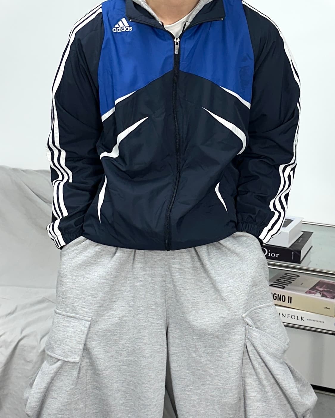 아디다스 블루 배색 삼선 바람막이 L 상품이미지1