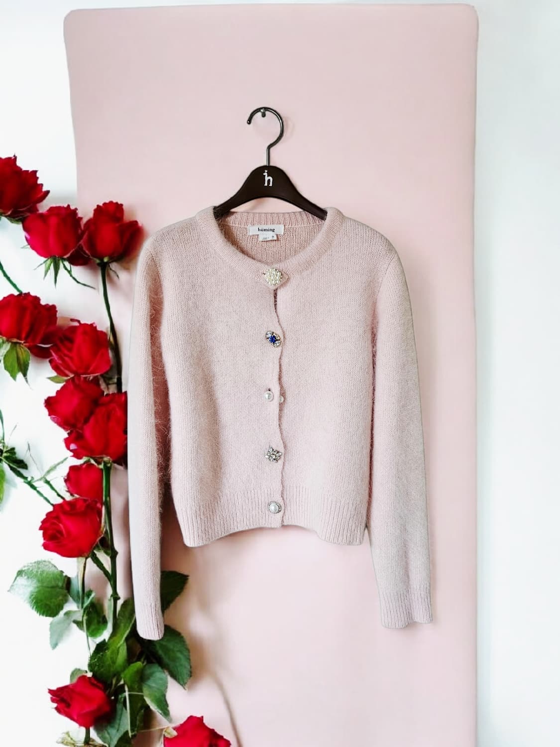 앙고라 라이트 핑크 보석 단추 여성 가디건 S 상품이미지1