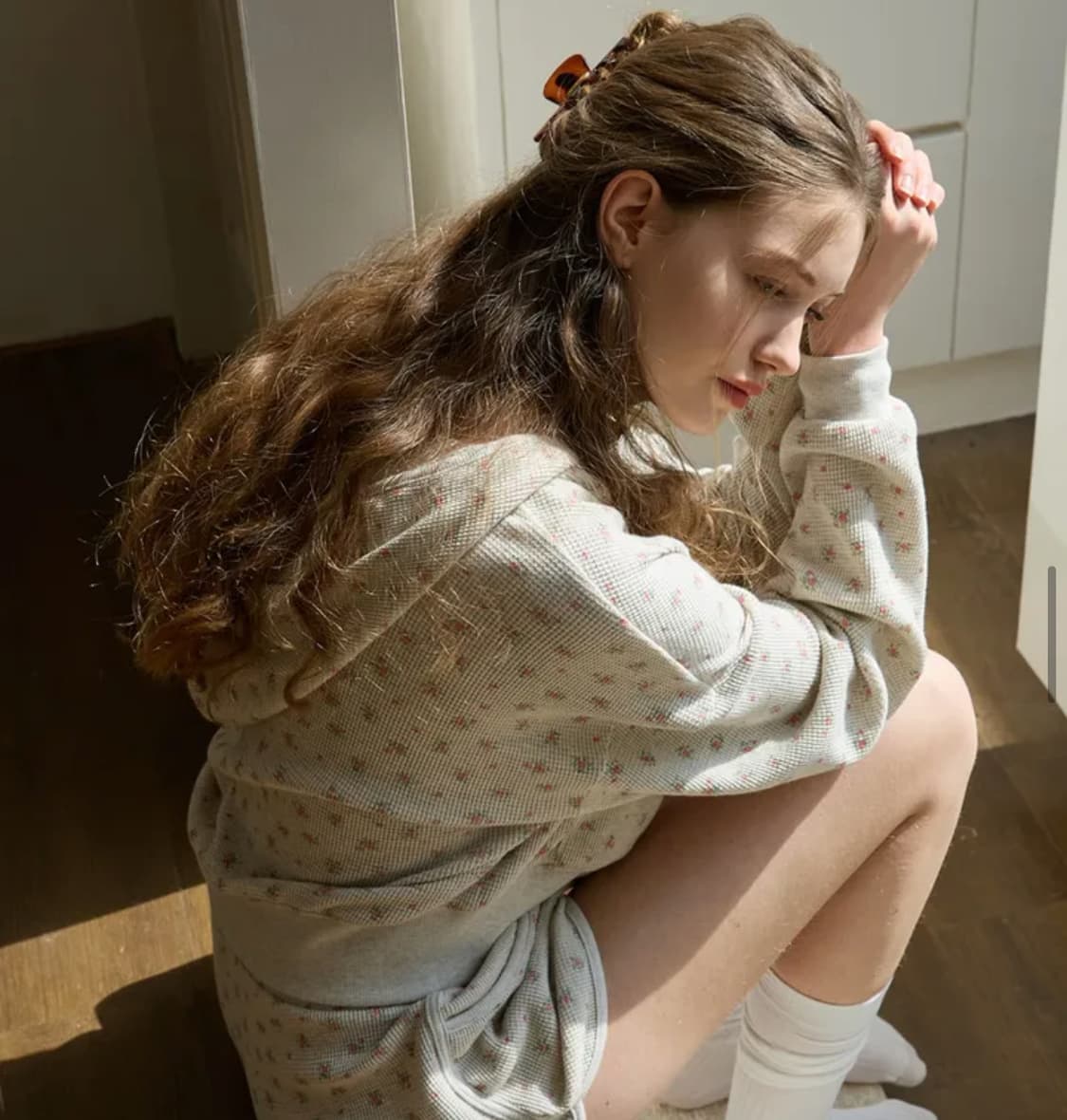 앤디 플라워 와플 후드 집업 셋업 오트밀 상품이미지1