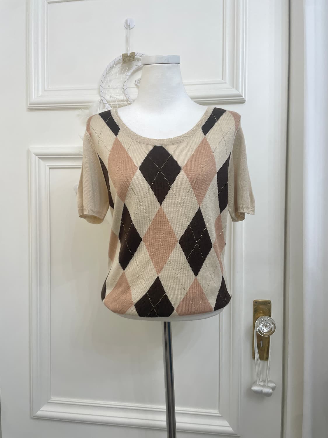 beige brown argyle gold glitter knit top 상품이미지1