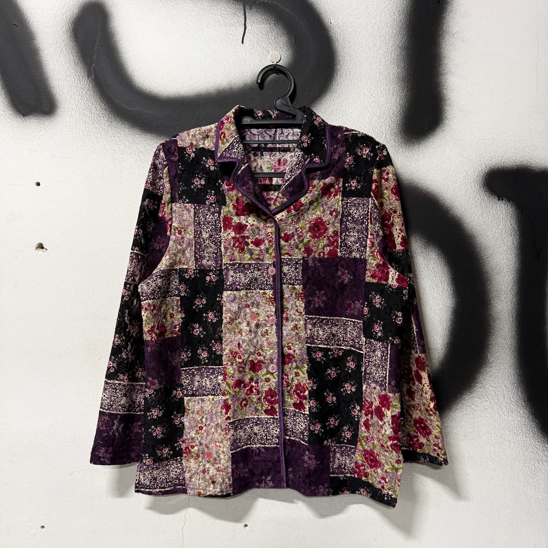 VTG 빈티지 퍼플 오리엔탈 패치워크 패턴 시스루 블라우스 자켓 상품이미지1