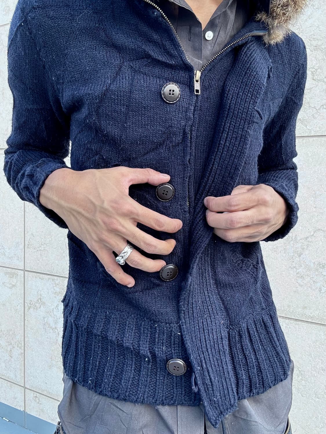 “Vintage” Navy Slim Fit Fur Hoodie Zip U 상품이미지4