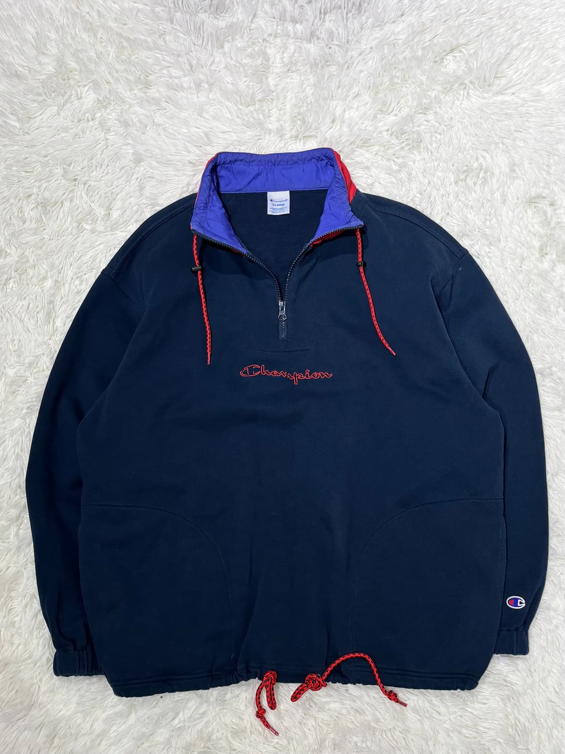 챔피언 네이비 스펠로고 코튼 반집업 상품이미지5