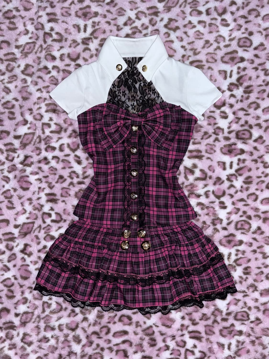 히메갸루 셋업 체크 리본 마즈깔 핑크 진핑 아게하 셔츠 금장 스커트 상품이미지1