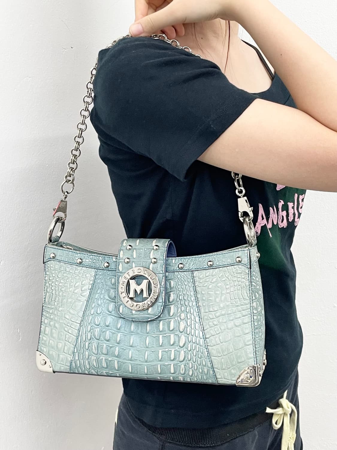 메트로시티 민트 크로커다일 은장 체인백 *레어 상품이미지1