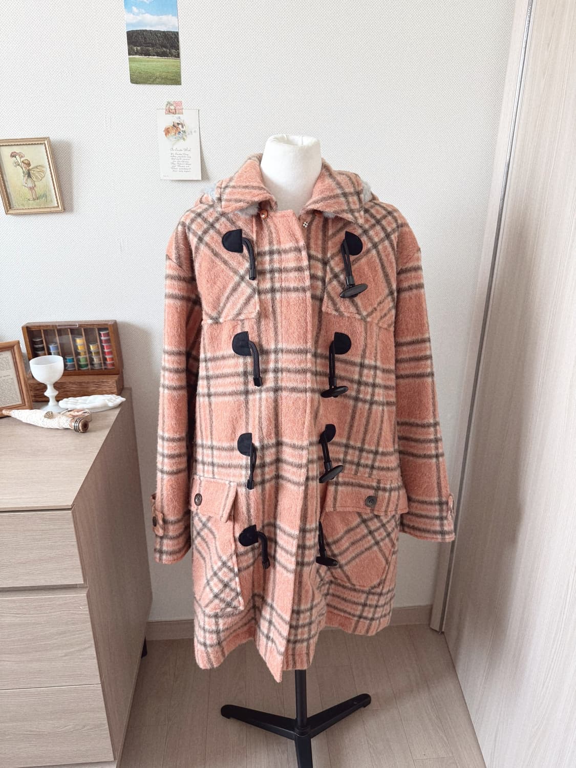 새상품 코랄색 체크 떡볶이코트, 모리걸 상품이미지1