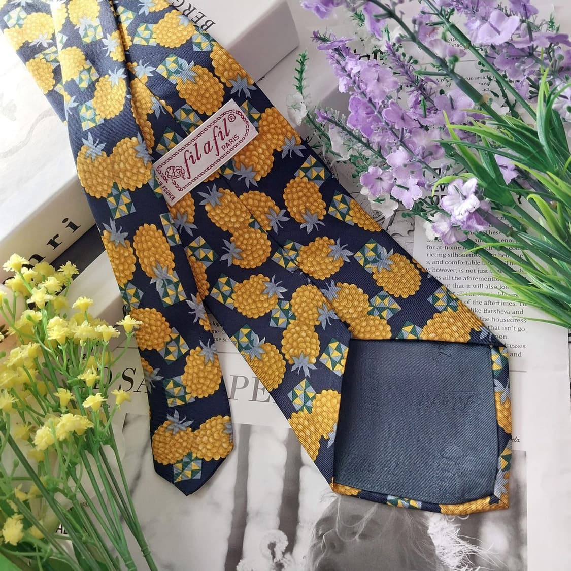 필아필 실크 네이비&옐로우 파인애플 넥타이 9.5cm A+등급 K1350 상품이미지4