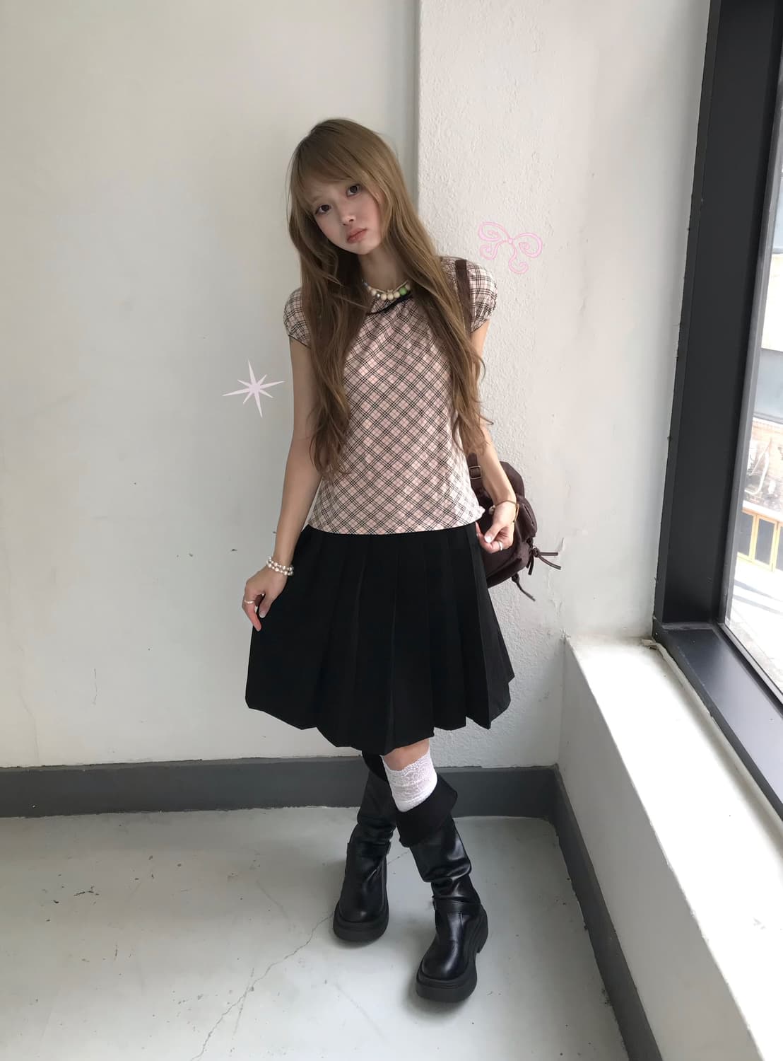 버버리 핑크 체크 퍼프 데일리 프레피 코디세트 상품이미지1