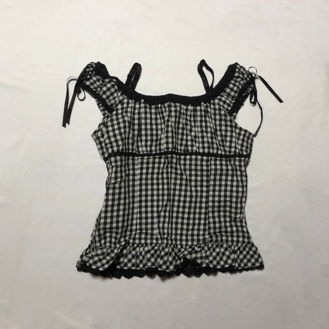 레이스 깅엄체크 블라우스 블랙 상품이미지2