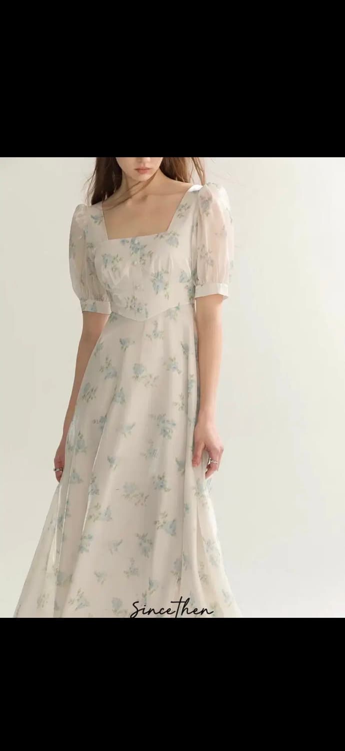 S사이즈) 신스덴 블루 플로랄 글로시 롱원피스 반팔스퀘어넥휴양지여름원피스 상품이미지4