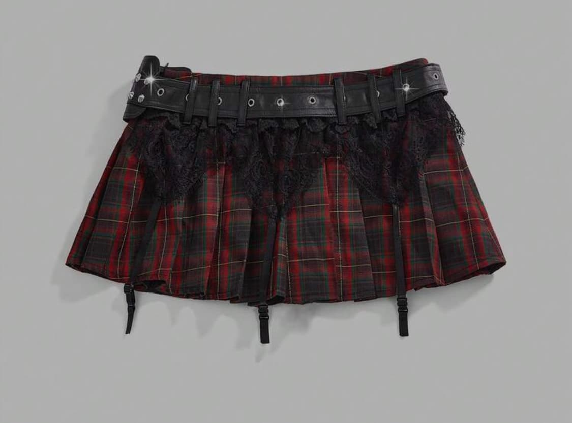 펑크 레이스 체크 벨트 스커트 레드 블랙  상품이미지2