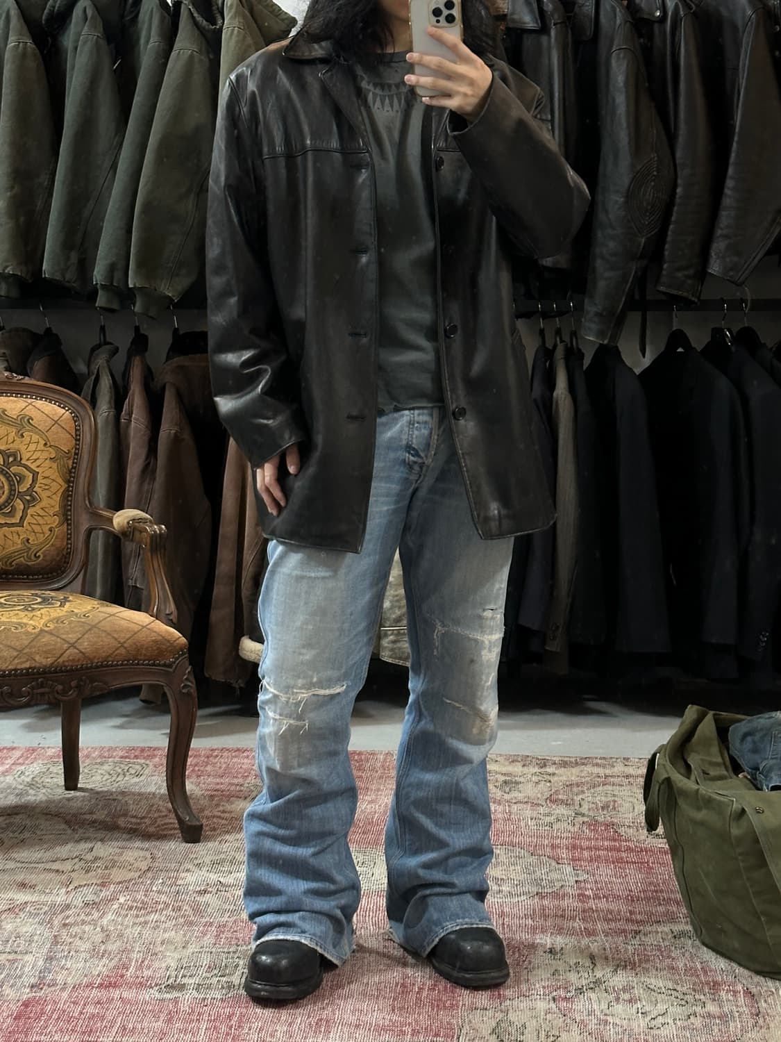 90's USA Made 골든베어 레더 코트 오버사이즈 코트 상품이미지2