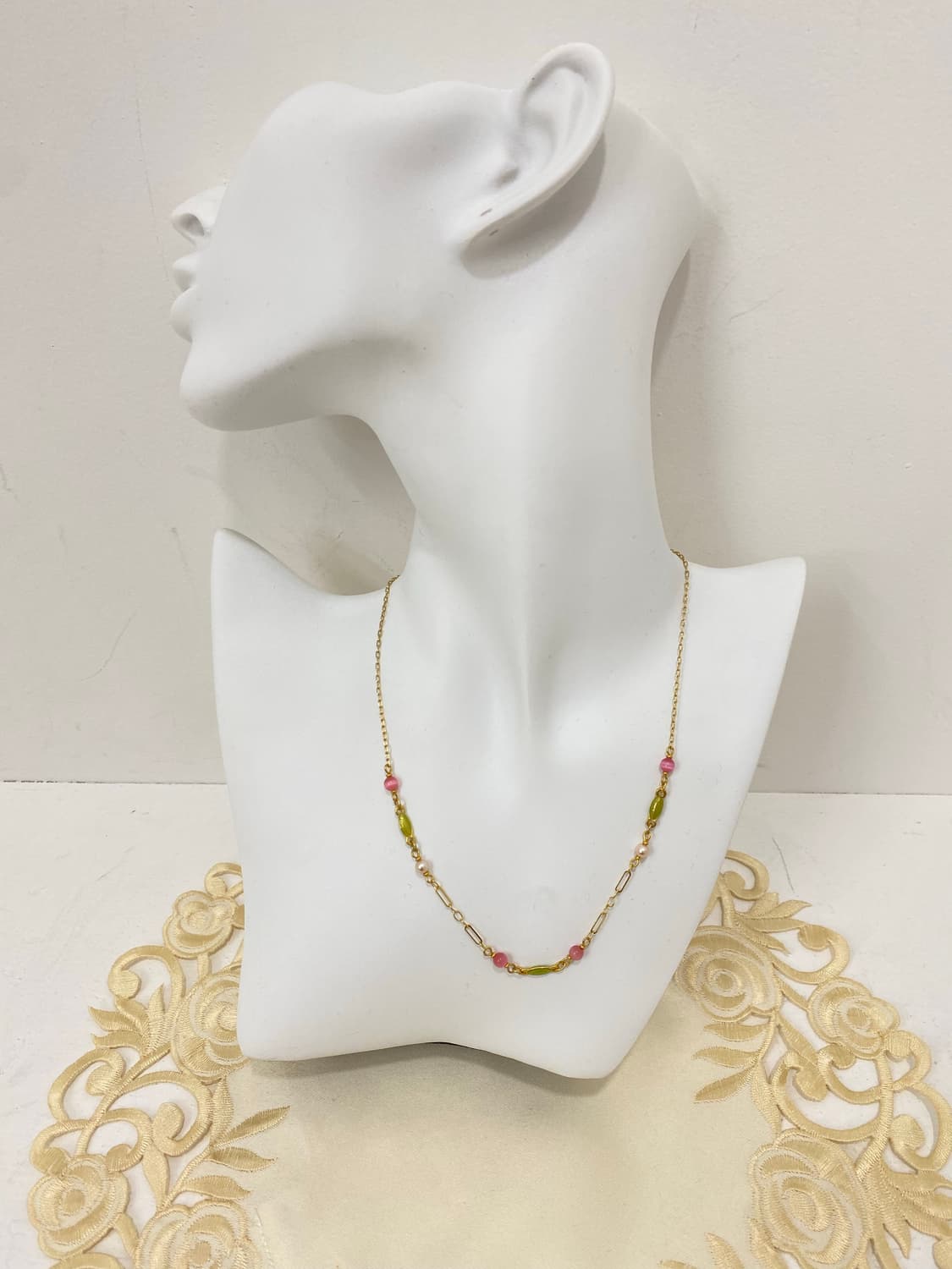 Courrèges 핑크 비즈 옐로우 골드 목걸이 상품이미지4