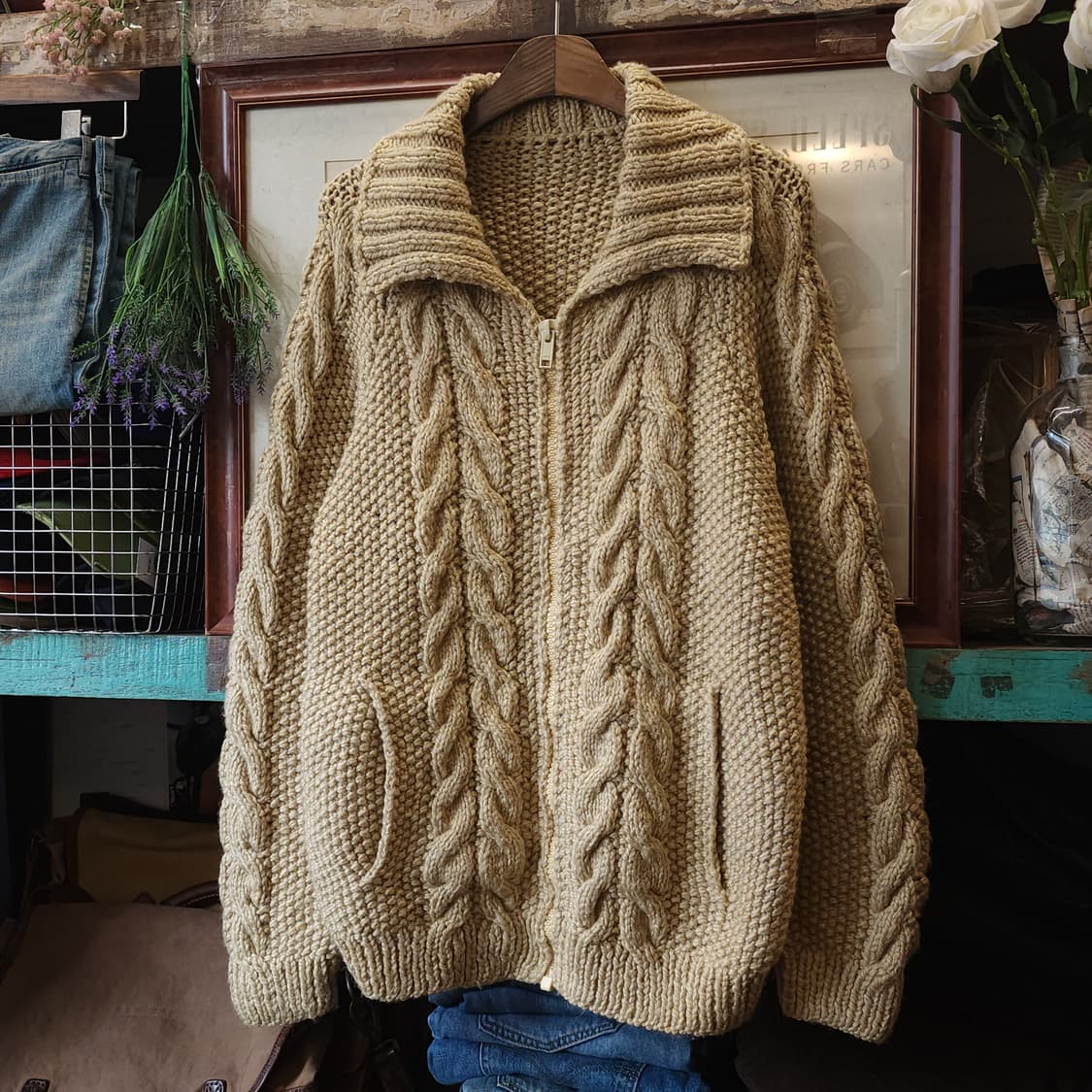 90s 프렌치 핸드메이드 울 가디건 코위찬 헤비울 스웨터 집업 니트 상품이미지2