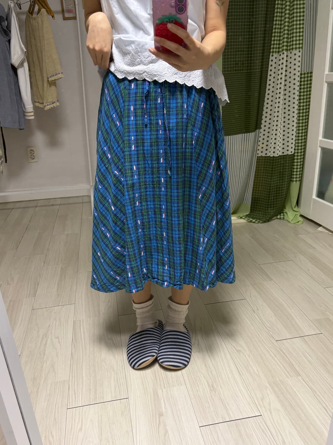 블루-그린 체크 미디 스커트 상품이미지9