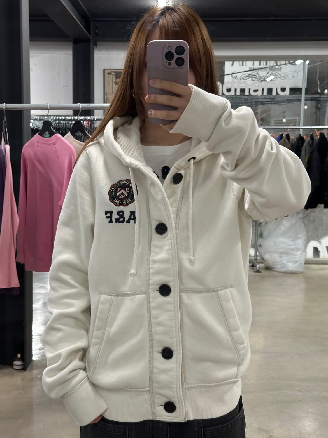 아베크롬비 NY 버튼 머슬핏후드집업 아이보리 상품이미지1
