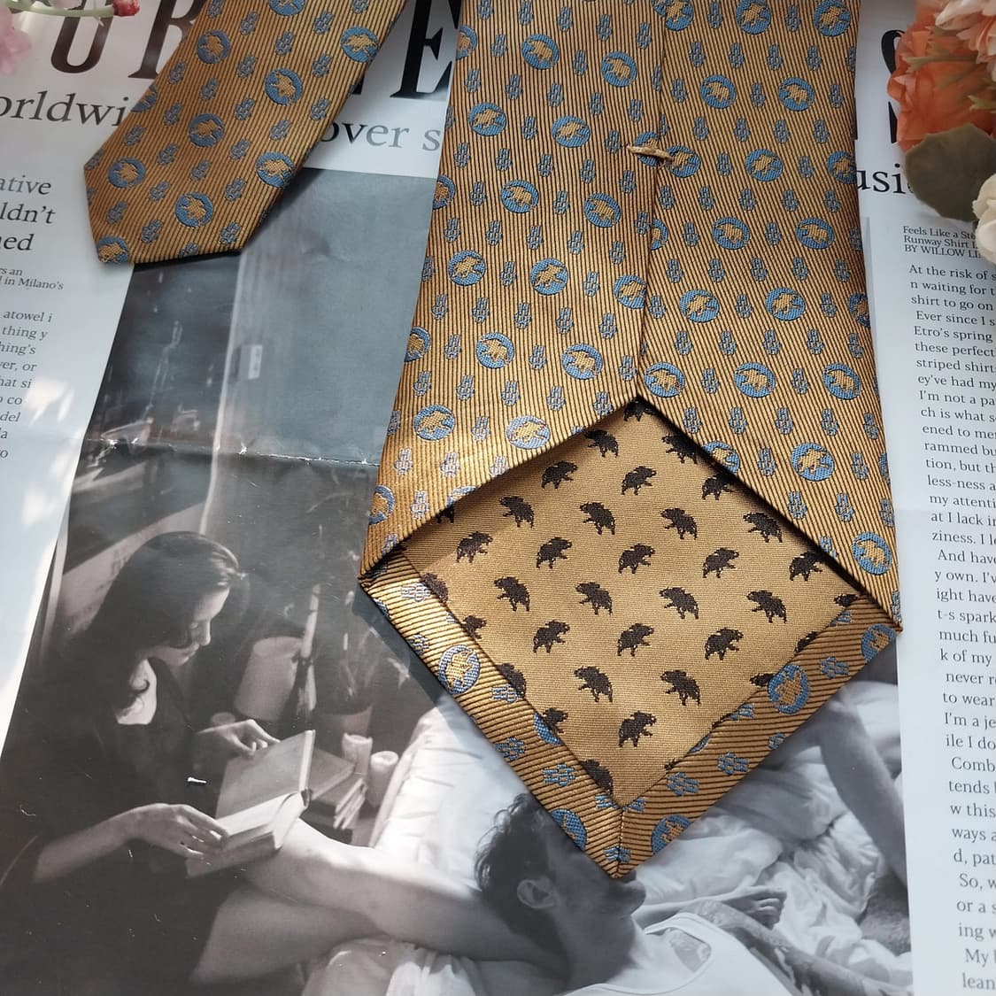 헌팅월드 실크 골드 코끼리 패턴 넥타이 9.9cm A+~A등급 K1449 상품이미지6