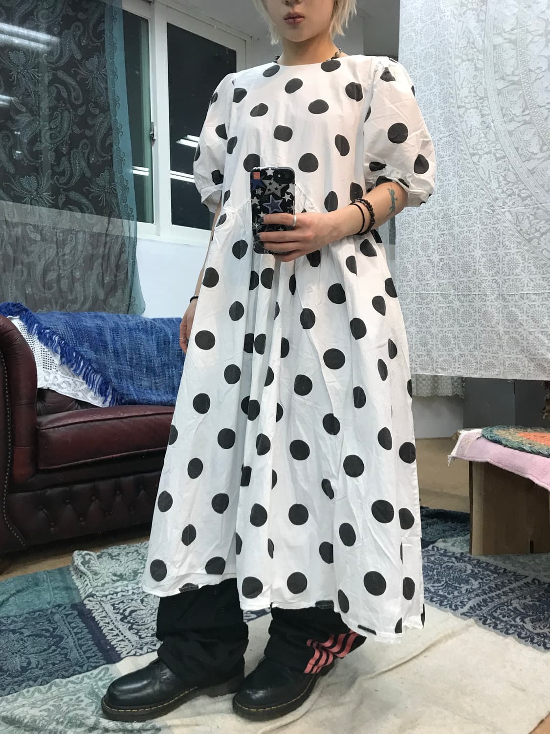 여성 도트 퍼프 반팔 원피스 상품이미지1